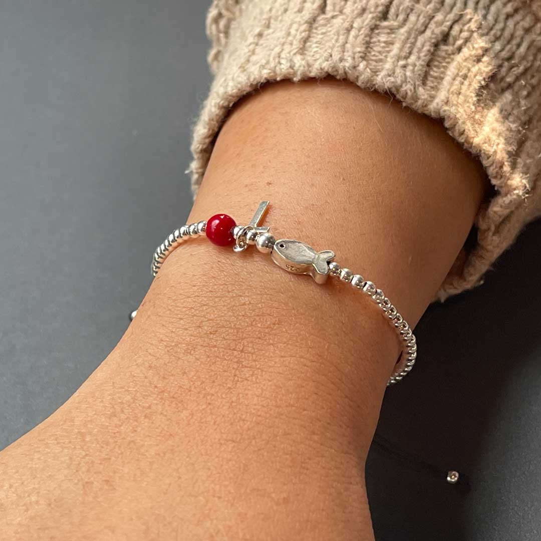 シルバーブレスレット　赤と魚 7